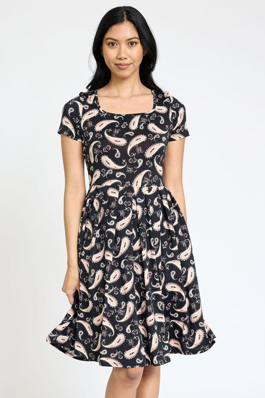 Stacey  B's Paisley Short Sleeve Pleated Midi Dress