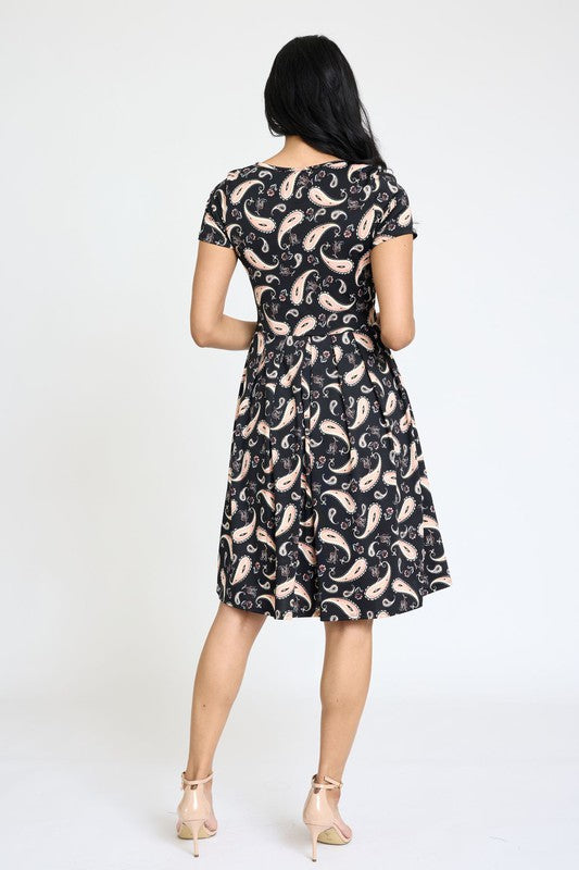 Stacey B's Paisley Short Sleeve Pleated Midi Dress