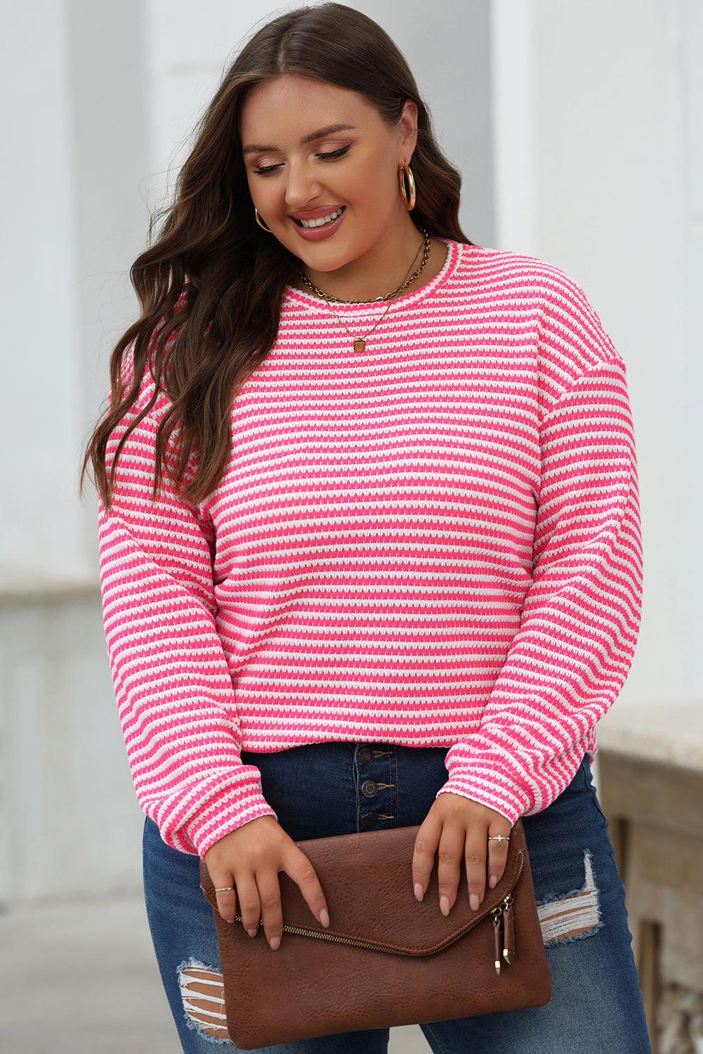 Stacey  B's Rose Stripe Round Neck Drop Shoulder Long Sleeve Top