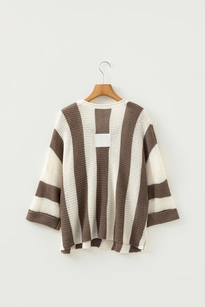 Stacey B's Brown Stripe Colorblock V Neck Bracelet Sleeve Sweater