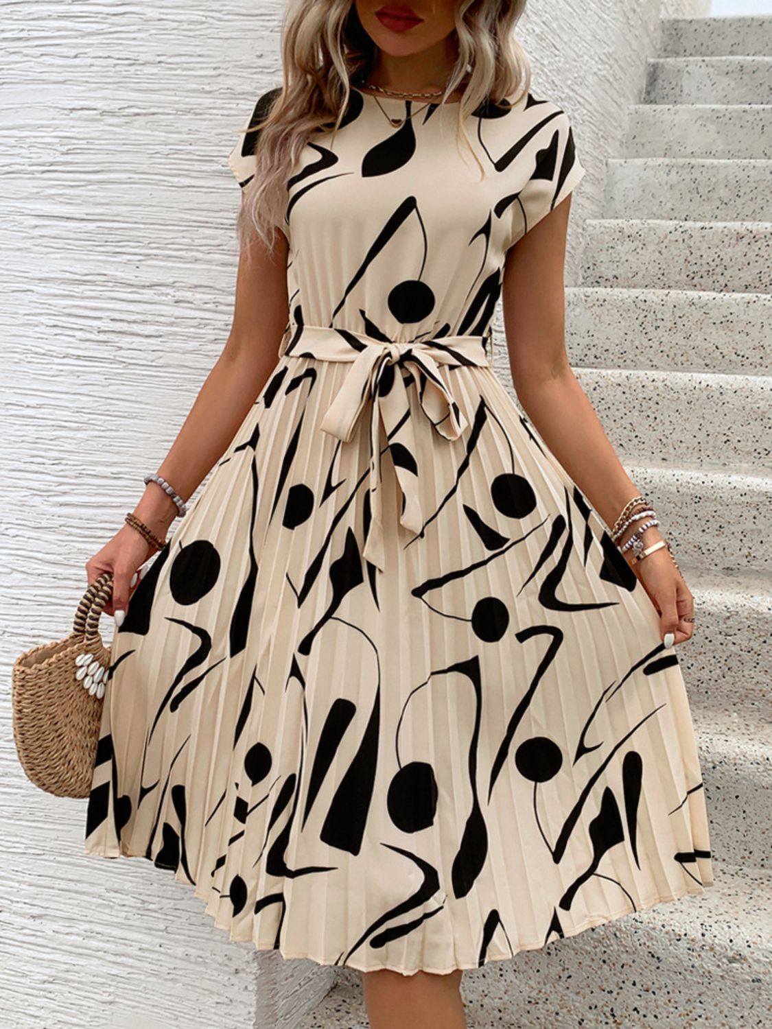 Stacey B's Tied Pleated Printed Cap Sleeve Dress