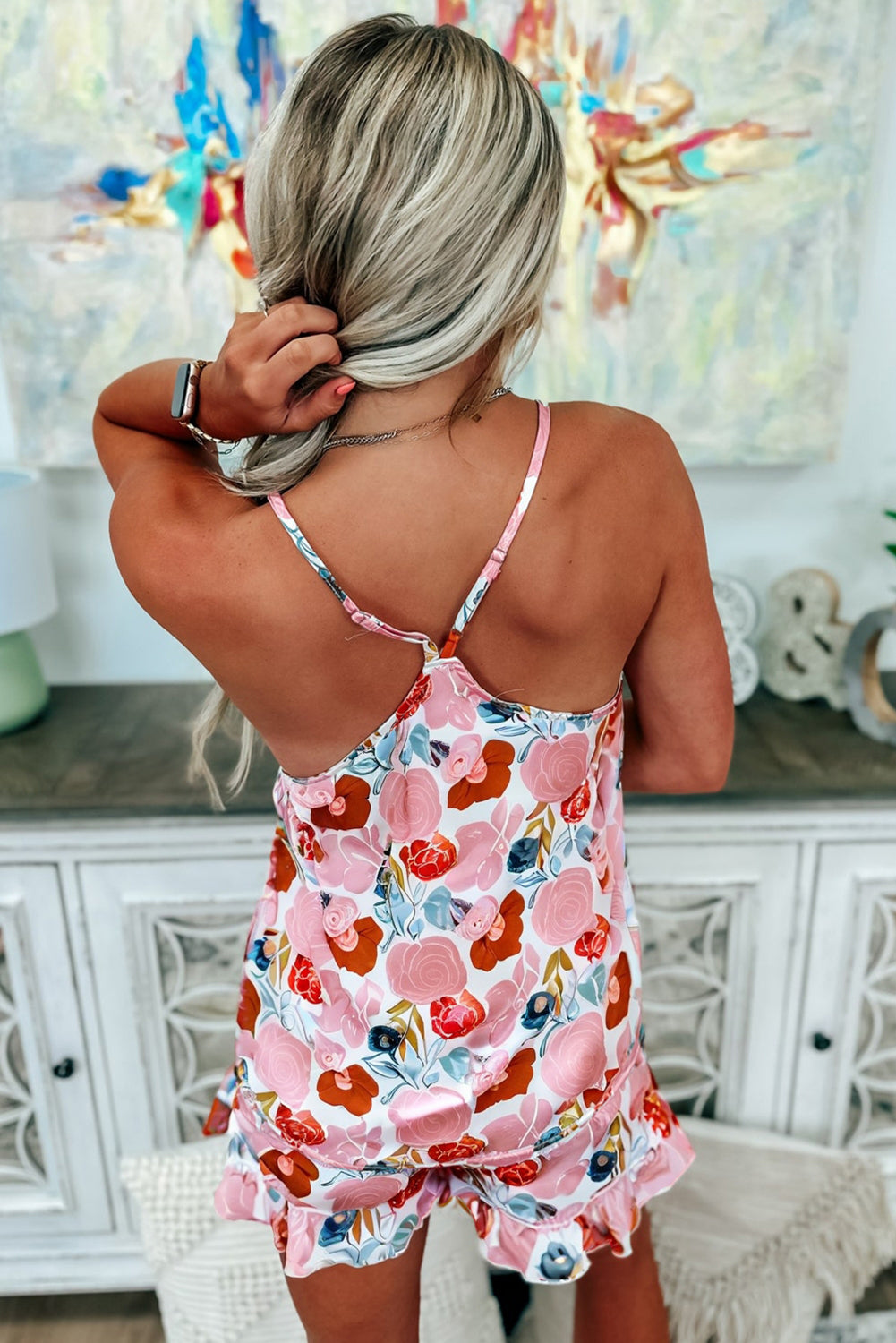 Stacey B's Multicolour Floral V Neck Cami Top and Ruffled Shorts Lounge Set