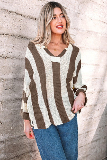 Stacey B's Brown Stripe Colorblock V Neck Bracelet Sleeve Sweater