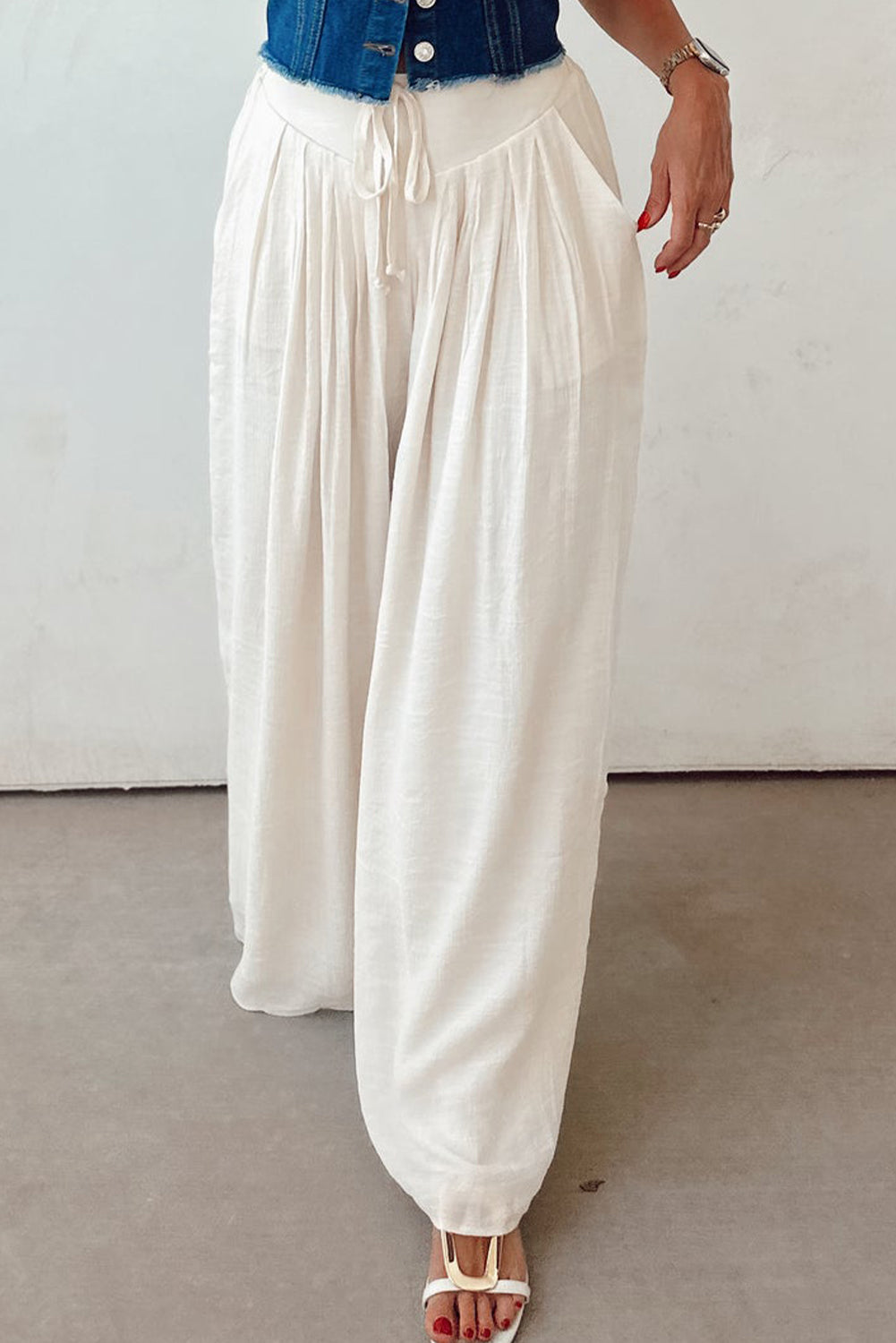 Stacey B's White Casual Tie Waist Pleated Wide Leg Pants