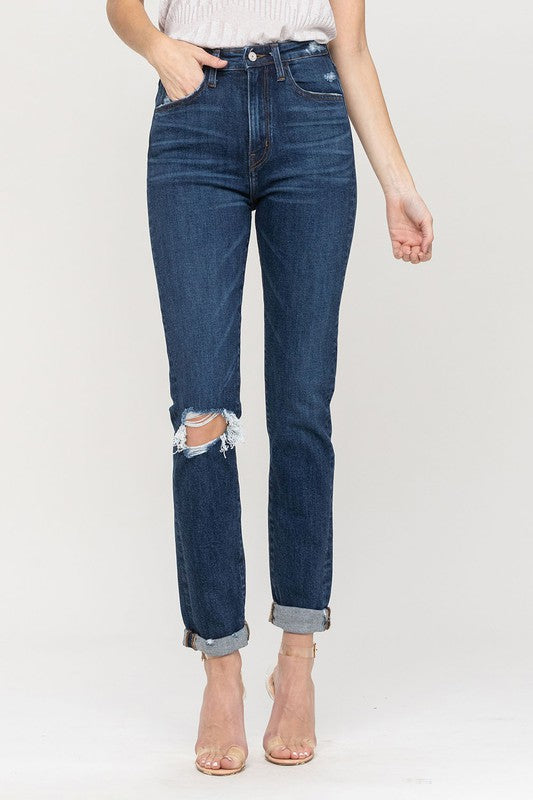 Stacey B's Distressed Roll Up Stretch Mom Jeans