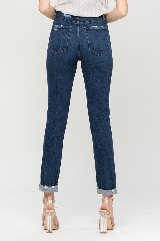 Stacey B's Distressed Roll Up Stretch Mom Jeans