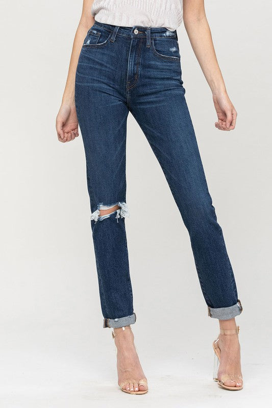 Stacey B's Distressed Roll Up Stretch Mom Jeans