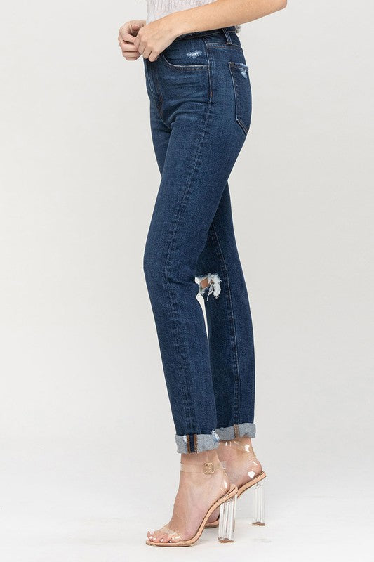 Stacey B's Distressed Roll Up Stretch Mom Jeans