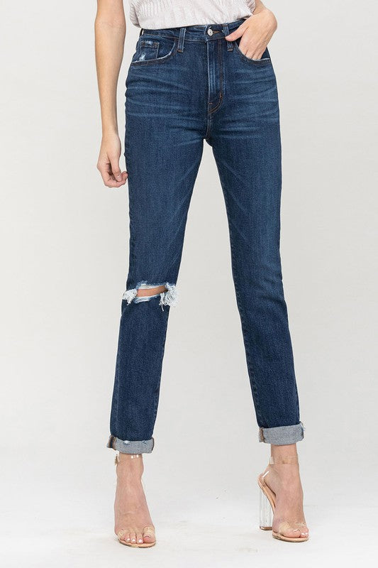 Stacey B's Distressed Roll Up Stretch Mom Jeans