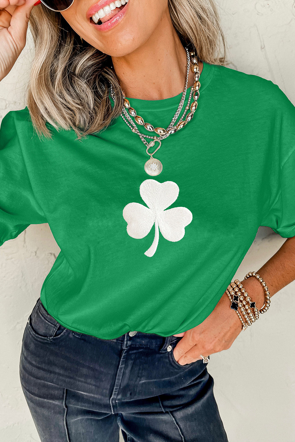 Stacey B's Bright Green Embroidered Clover Pattern St Patrick Tee