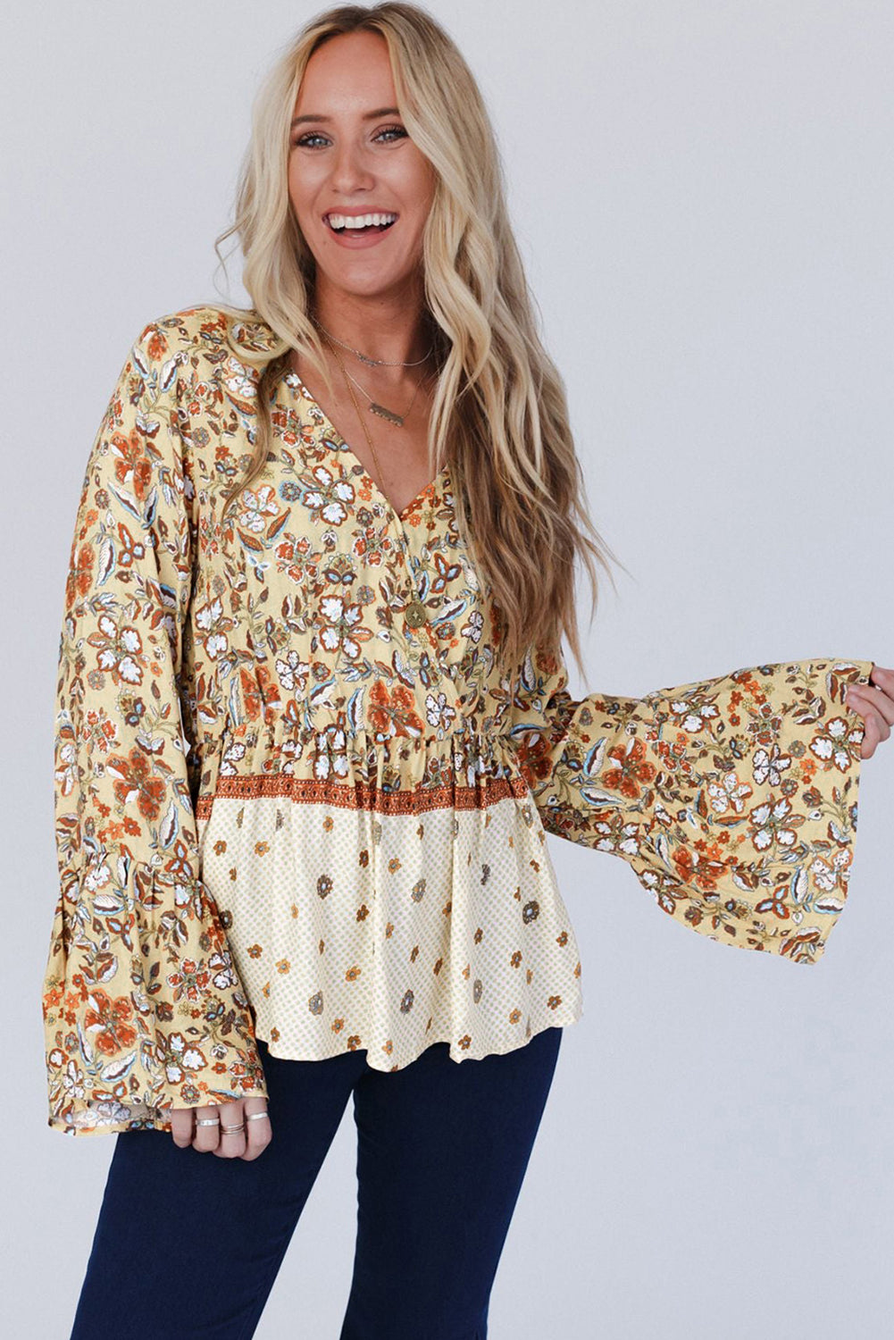 Stacey B's Yellow Printed Floral Bell Sleeve V Neck Wrapped Contrast Peplum Blouse