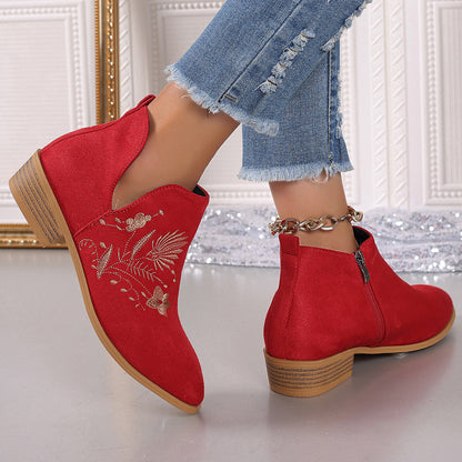 Stacey B's Embroidered Suede Point Toe Block Heel Boots
