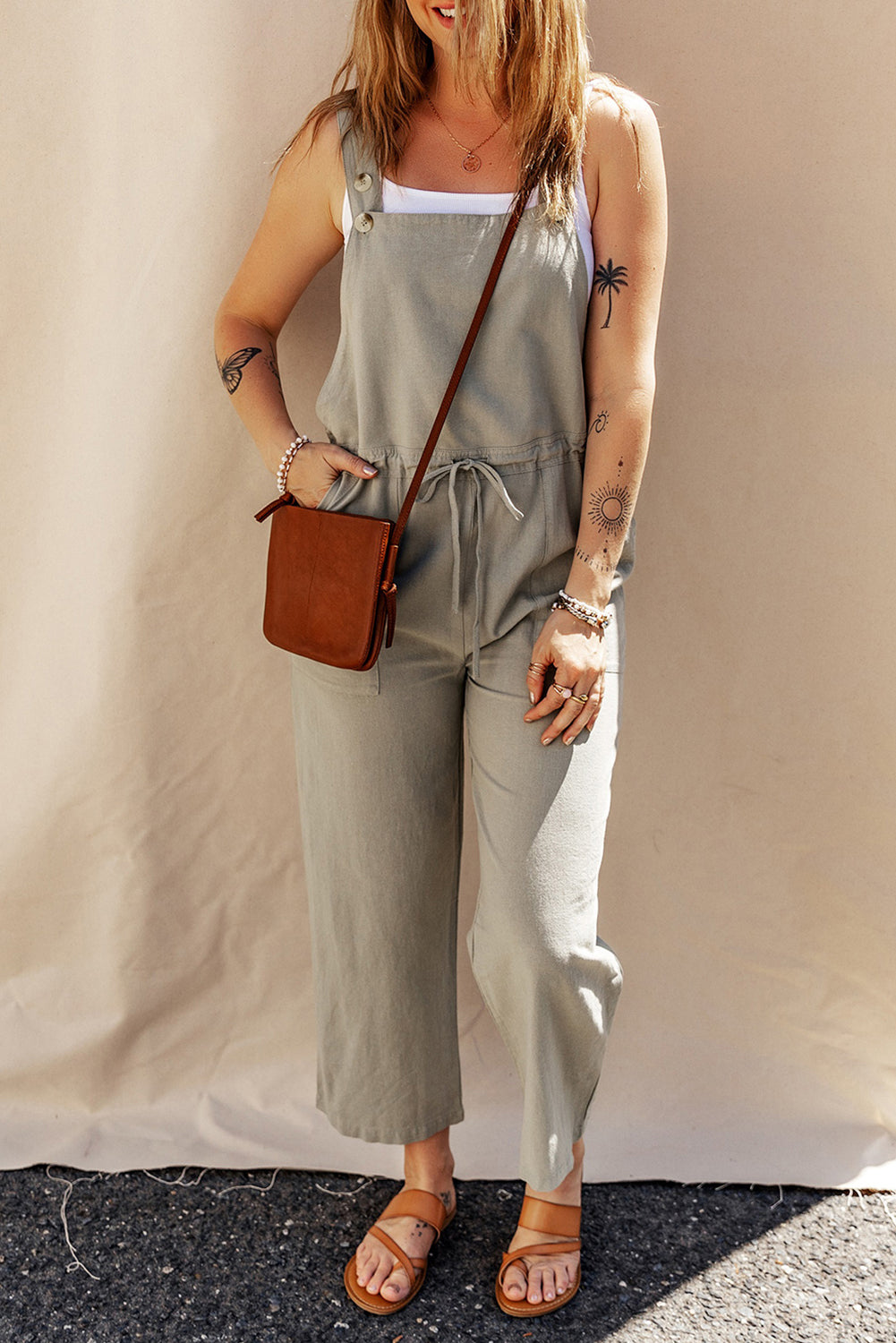 Stacey B's Sage Green Buttoned Straps Drawstring Cropped Overalls