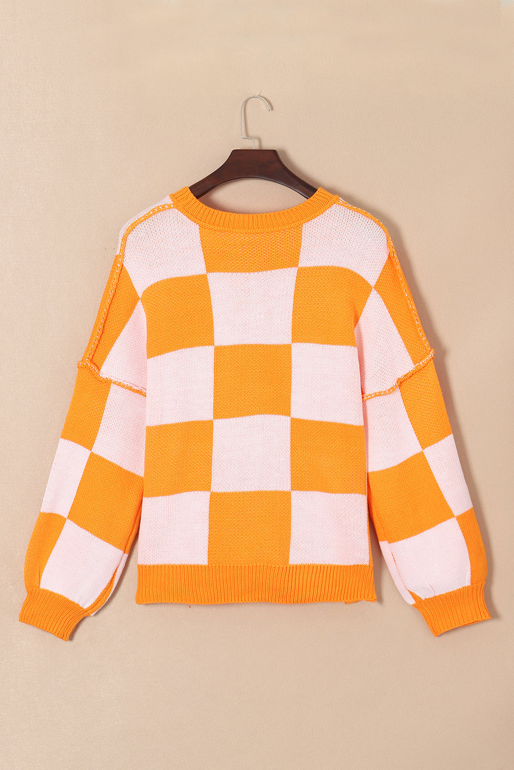 Stacey B's Orange Checkered Bishop Sleeve Sweater