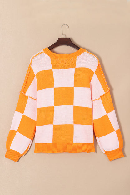 Stacey B's Orange Checkered Bishop Sleeve Sweater
