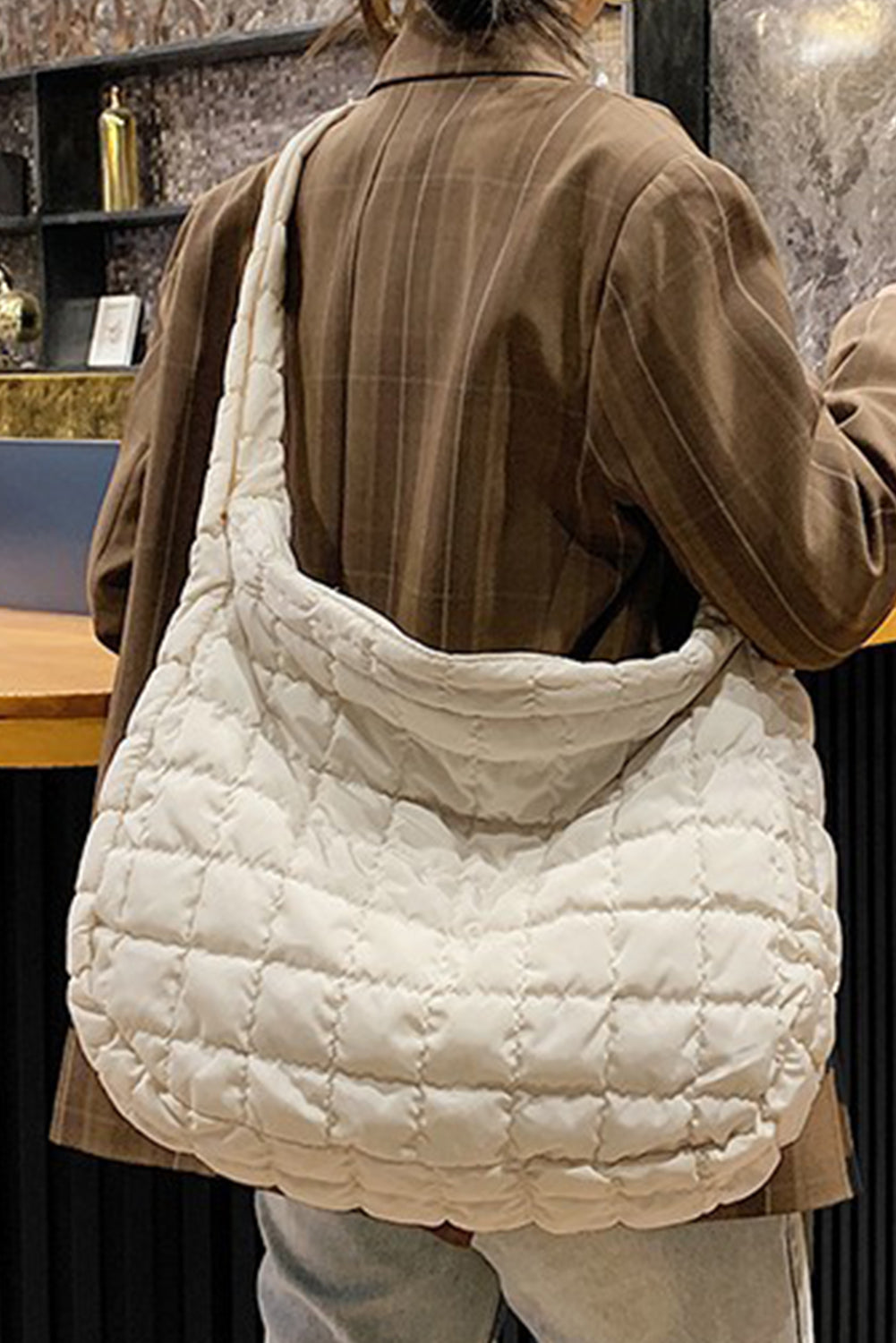 Stacey B's French Beige Quilted Zipper Large Shoulder Bag