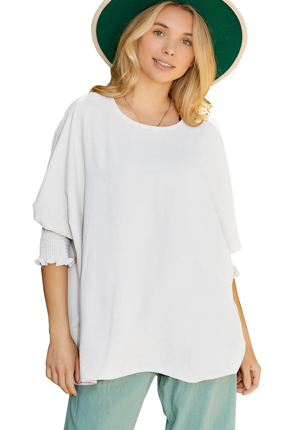 Stacey B's White Plain & Casual Shirred Cuffs Half Sleeve Top