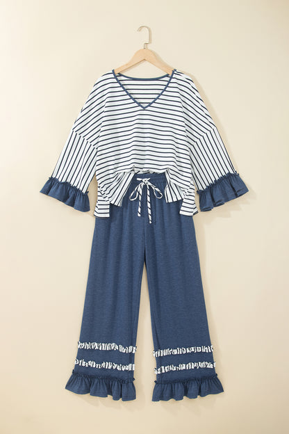 Blue Stripe V Neck Ruffle Contrast Sleeve Top Drawstring Pants 2pcs Set