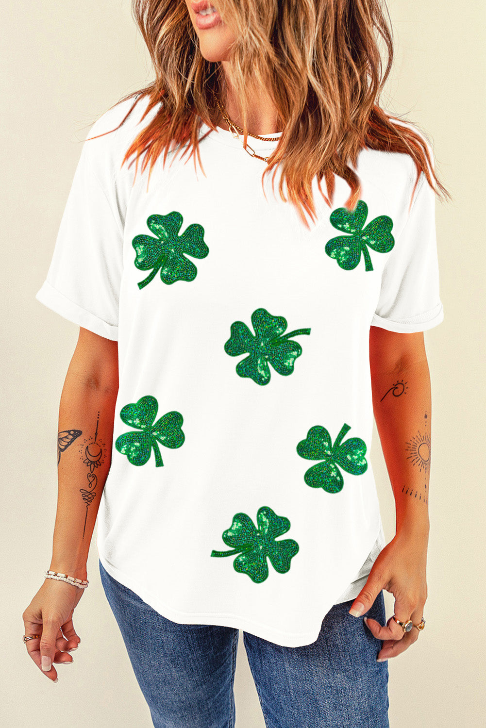 Stacey B's White Sequin Lucky Clover Graphic Crewneck Tee