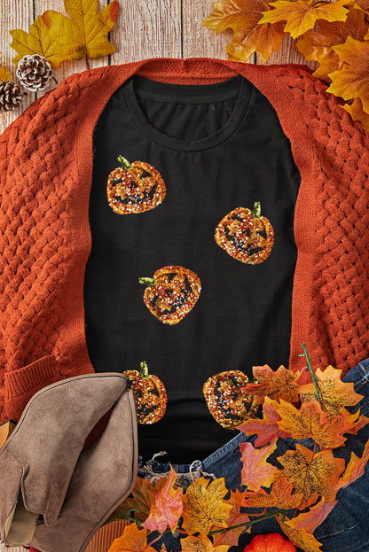 Stacey B's Black Sequin Pumpkin Face Halloween T Shirt