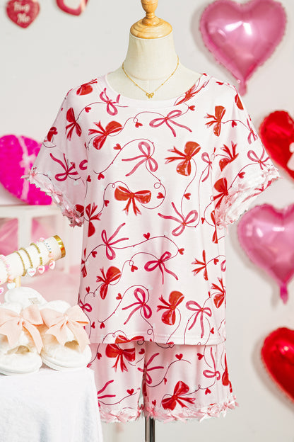 Stacey B's Red Romantic Bow Print Loose Tee Drawstring Shorts 2pcs Lounge Set