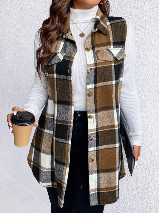 Stacey B's Honey Plus Size Pocketed Plaid Button Up Vest Coat