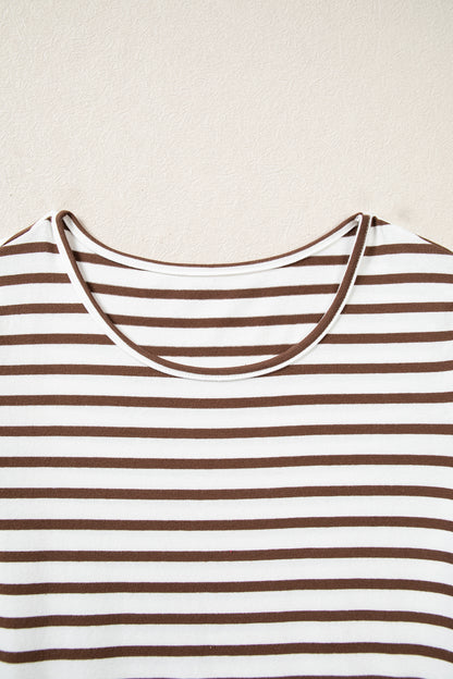 Stacey B's Brown Stripe Ribbed Knit Long Sleeve Bodice Contrast Patchwork Flared Dress