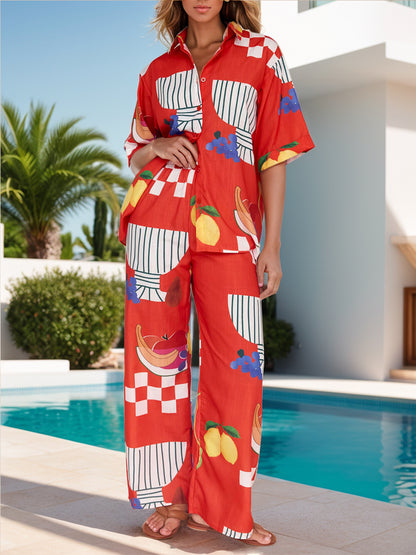 Stacey B's Printed Dropped Shoulder Top and Wide Leg Pants Set