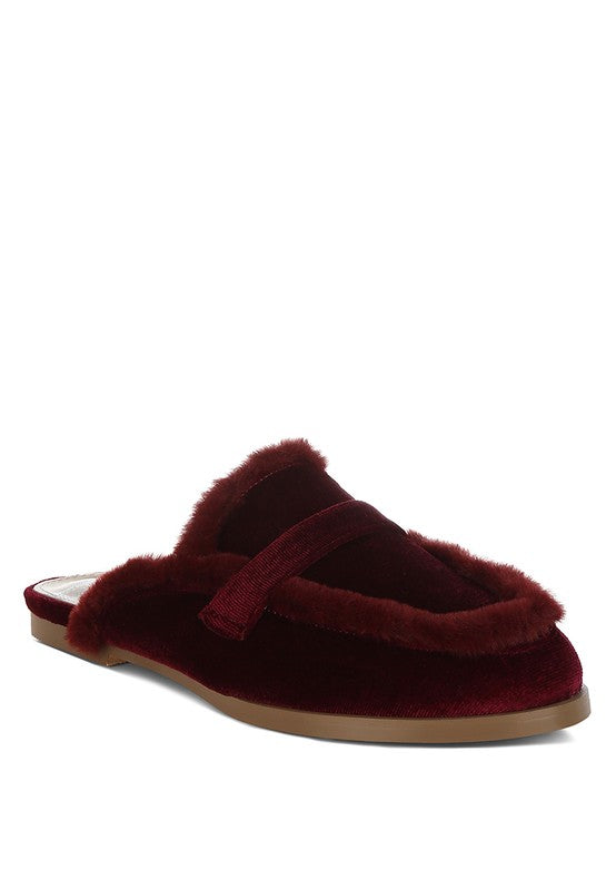 Stacey B's Seyhan Fur Detail Velvet Slip-On Mules