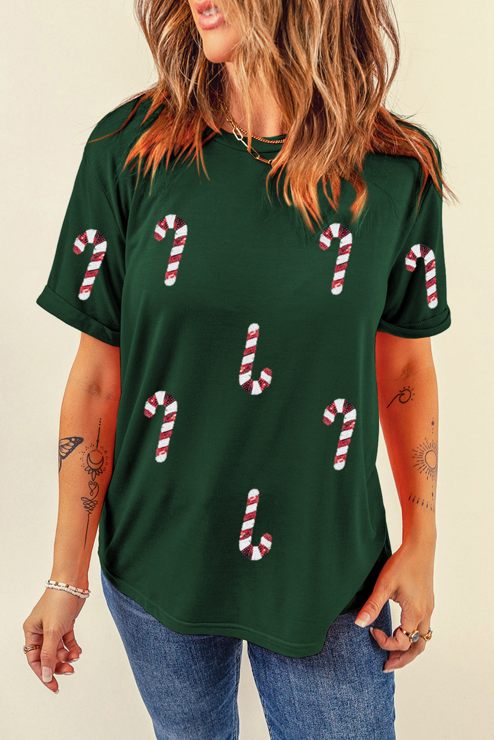 Stacey B's Green Christmas Candy Cane Graphic Casual T Shirt