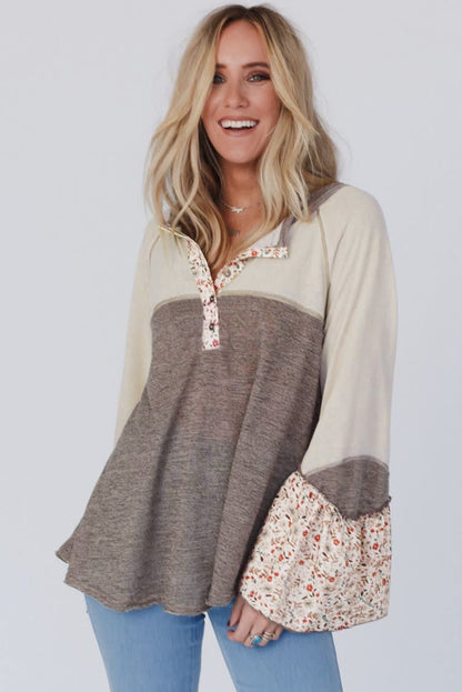 Stacey B's Goat Colorblock Floral Patchwork Flared Sleeve Buttons Henley Top