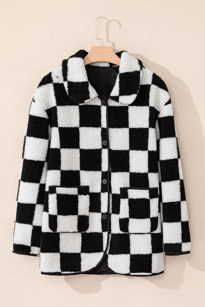 Stacey B's Black Checkered Side Pockets Collared Buttoned Fleece Jacket