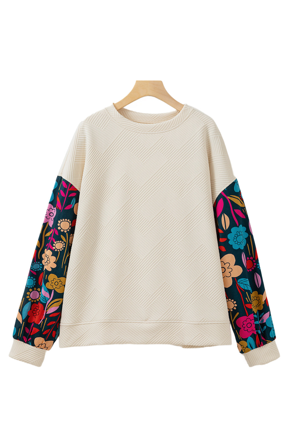 Stacey B's White Floral Patchwork Sleeve Textured Plus Size Pullover Top