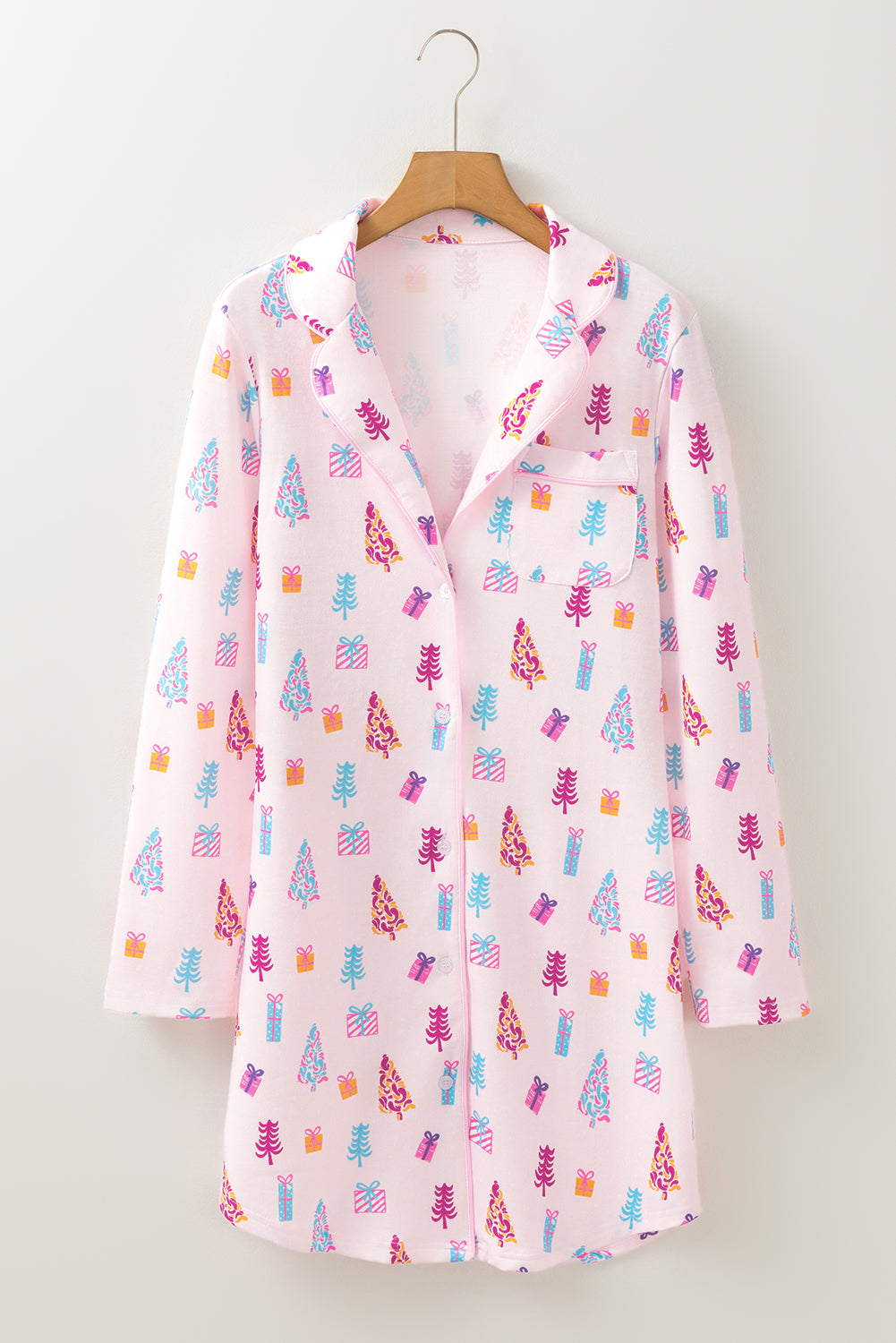 Stacey B's Pink Christmas Twinkle Tree Print Shirt Sleep Dress