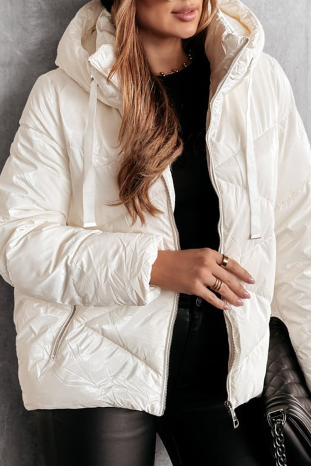 Stacey B's White Solid Quilted Hooded Zip Up Puffer Coat