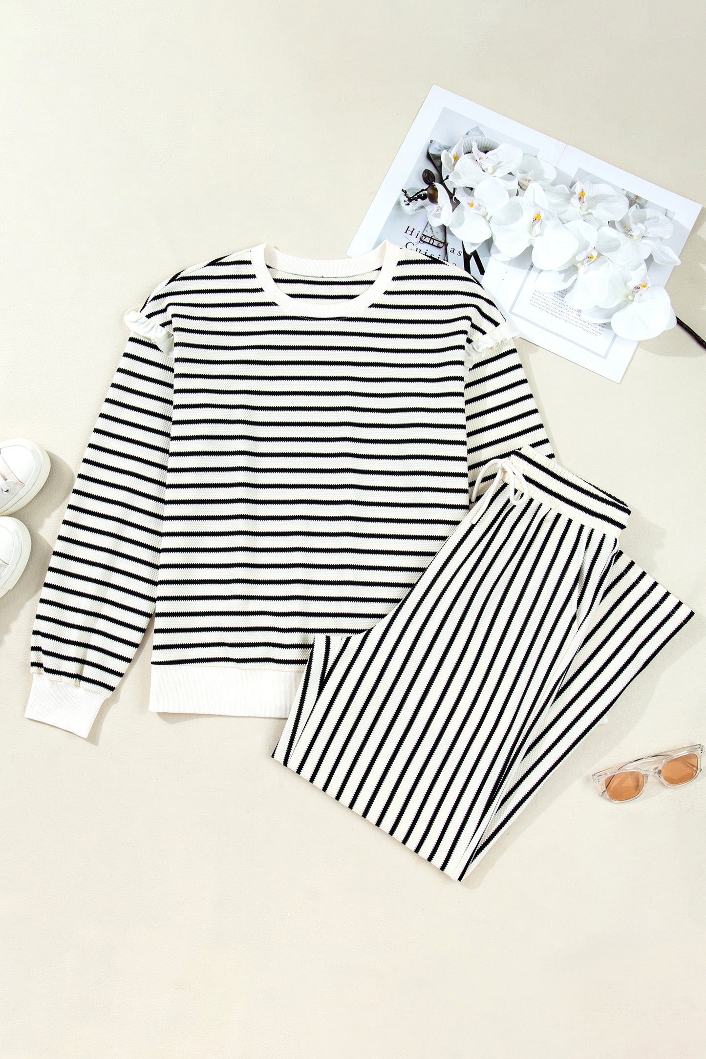 Stacey B's White Stripe Ruffle Trim Drop Shoulder Top Drawstring Loose Pant Set