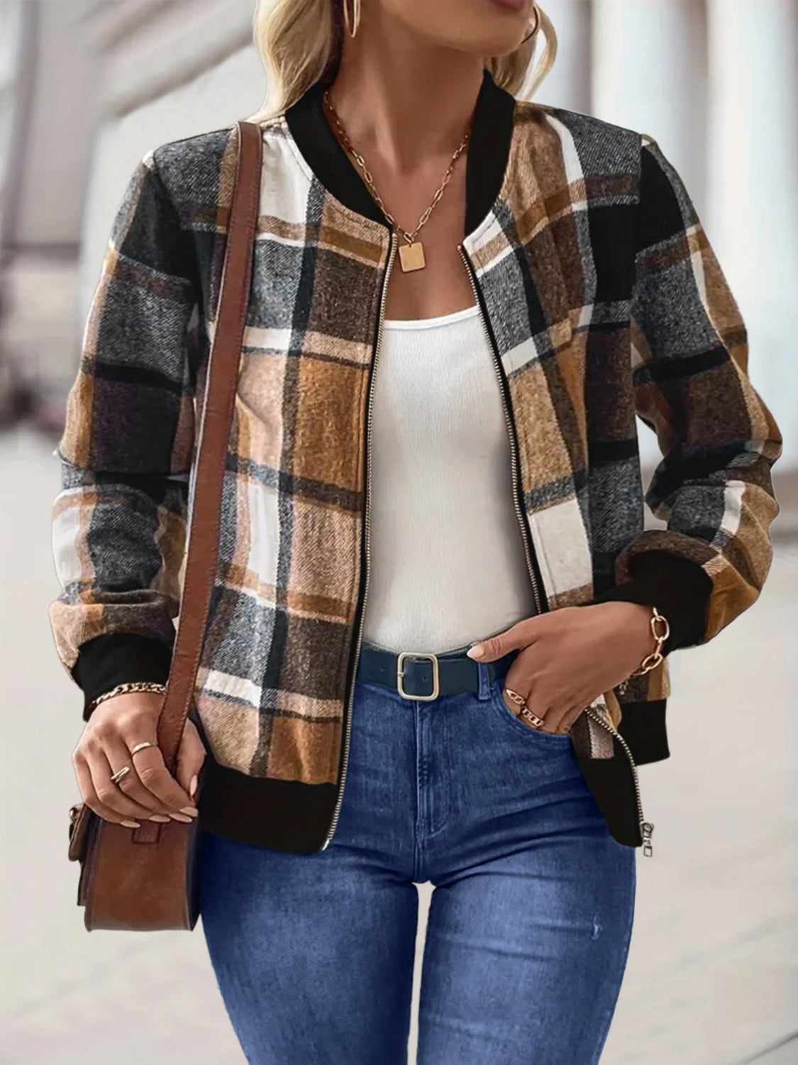 Stacey B's  Plaid Baseball Collar Zip Up Jacket