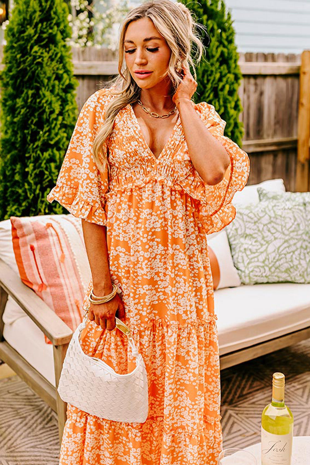 Stacey B's Orange Floral Print Smocked V Neck Wide Sleeve Maxi Dress