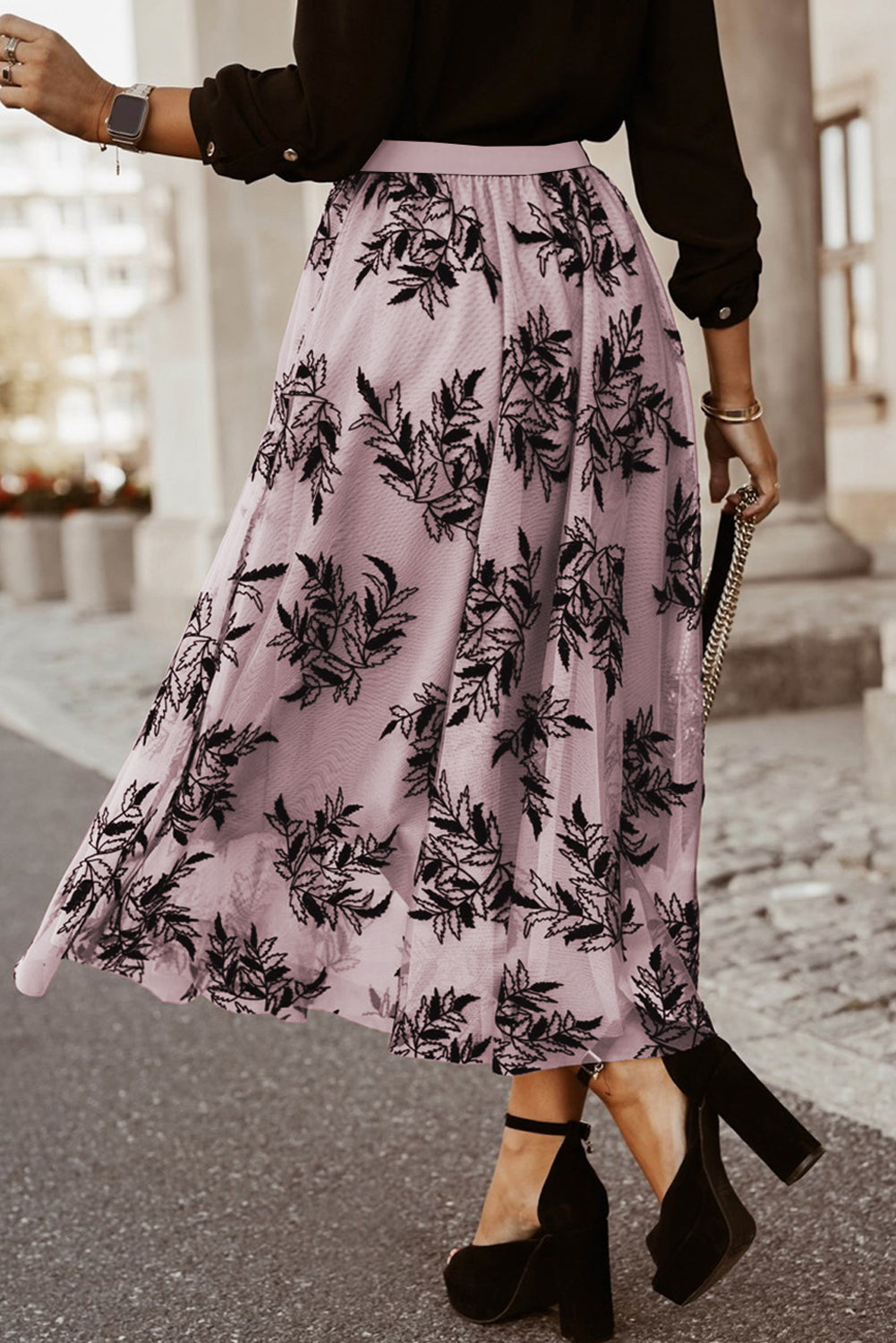 Stacey B's Peach Blossom Floral Leaves Embroidered High Waist Maxi Skirt