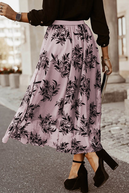 Stacey B's Peach Blossom Floral Leaves Embroidered High Waist Maxi Skirt