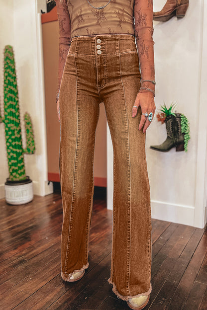 Stacey B's Coffee High Waist Button Fly Seamed Raw Hem Flare Jeans