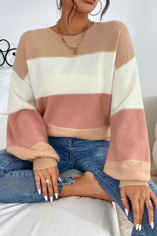 Stacey B's Dusty Pink Color Block Lantern Sleeve Drop Shoulder Sweater