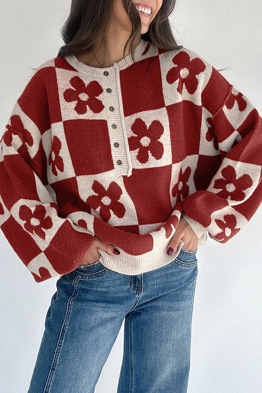 Stacey B's Black Flower Colorblock Checkered Henley Sweater