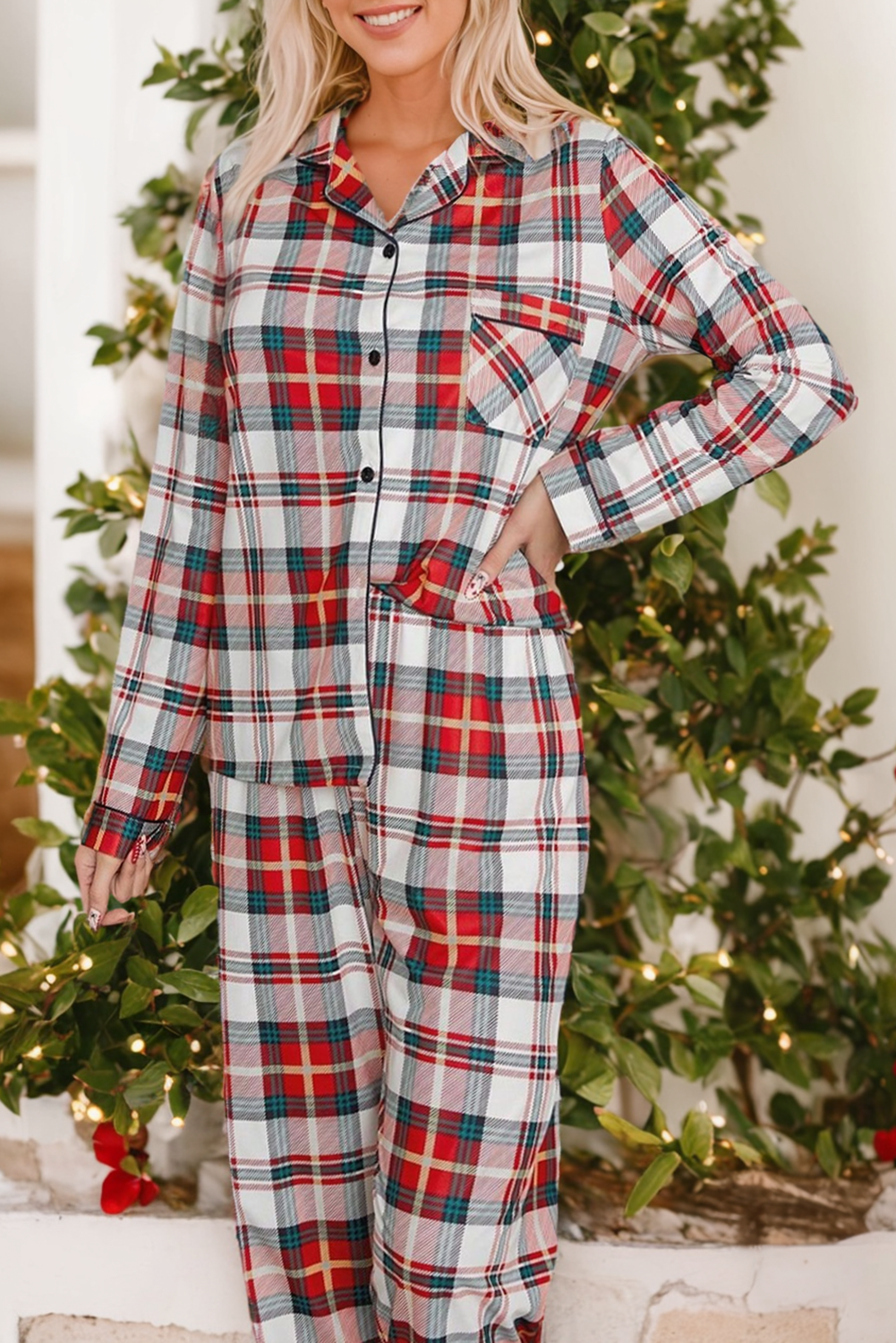 Stacey B's Red Christmas Plaid Print Two Piece Long Sleeve Pajamas Set