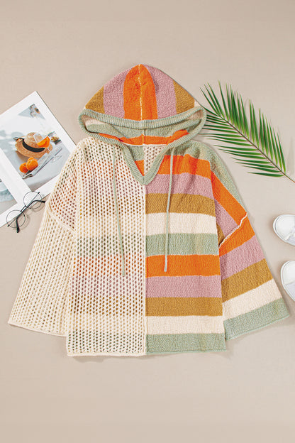 Stacey B's Beige Oversized Colorblock V Neck Hooded Sweater