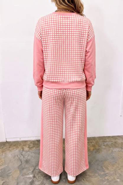 Stacey B's Brown Color Block Plaid Patchwork Long Sleeve Pullover Wide Leg Pant Set