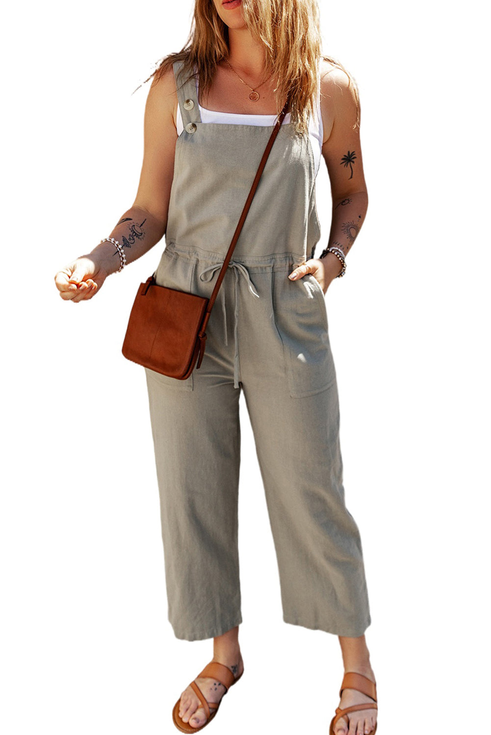 Stacey B's Sage Green Buttoned Straps Drawstring Cropped Overalls