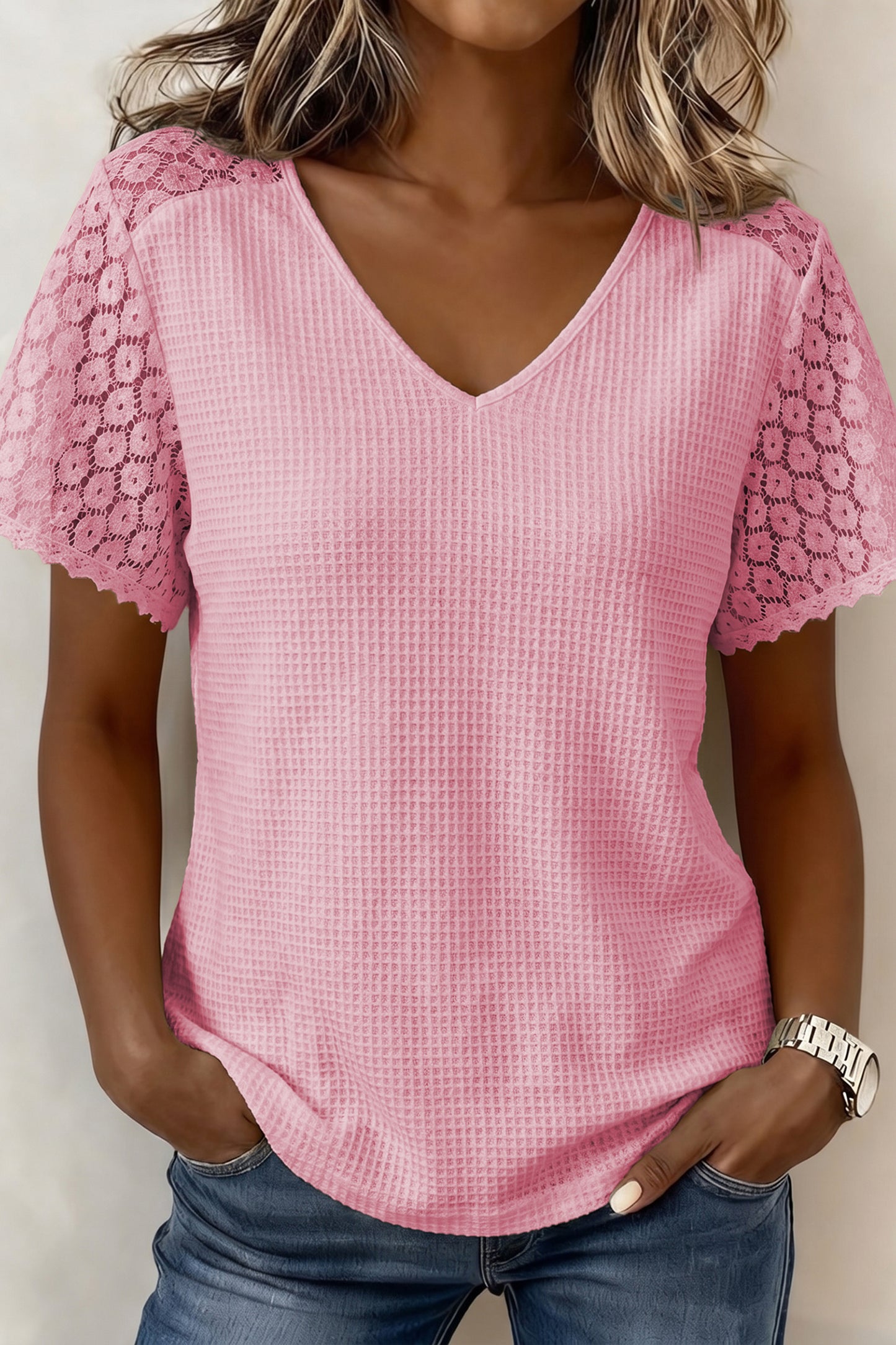 Stacey B's Pink Lace Splicing Button Cutout V Neck Waffle Knit Blouse