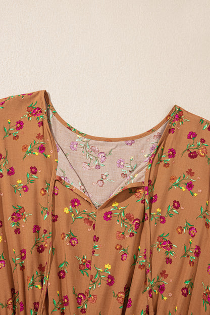 Stacey B's Brown Plus Size Floral Split V Neck Ruffled Sleeve Tiered Maxi Dress