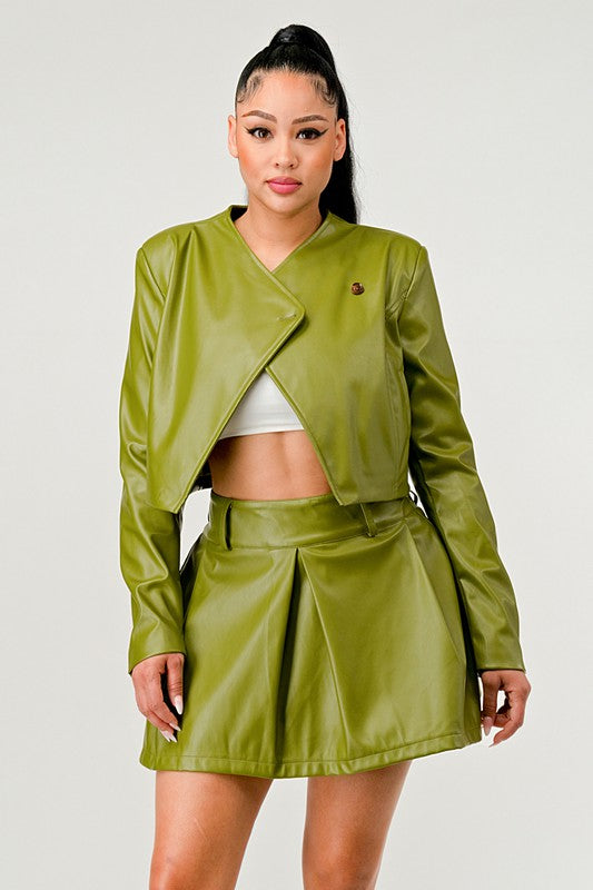 Stacey B's Button Up Pu Leather jacket and Skirt Set